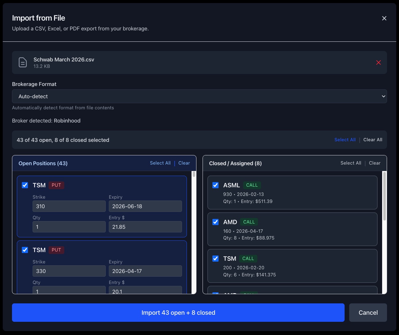 Import from Brokerage section showing CSV import buttons for Schwab, Robinhood, and Fidelity
