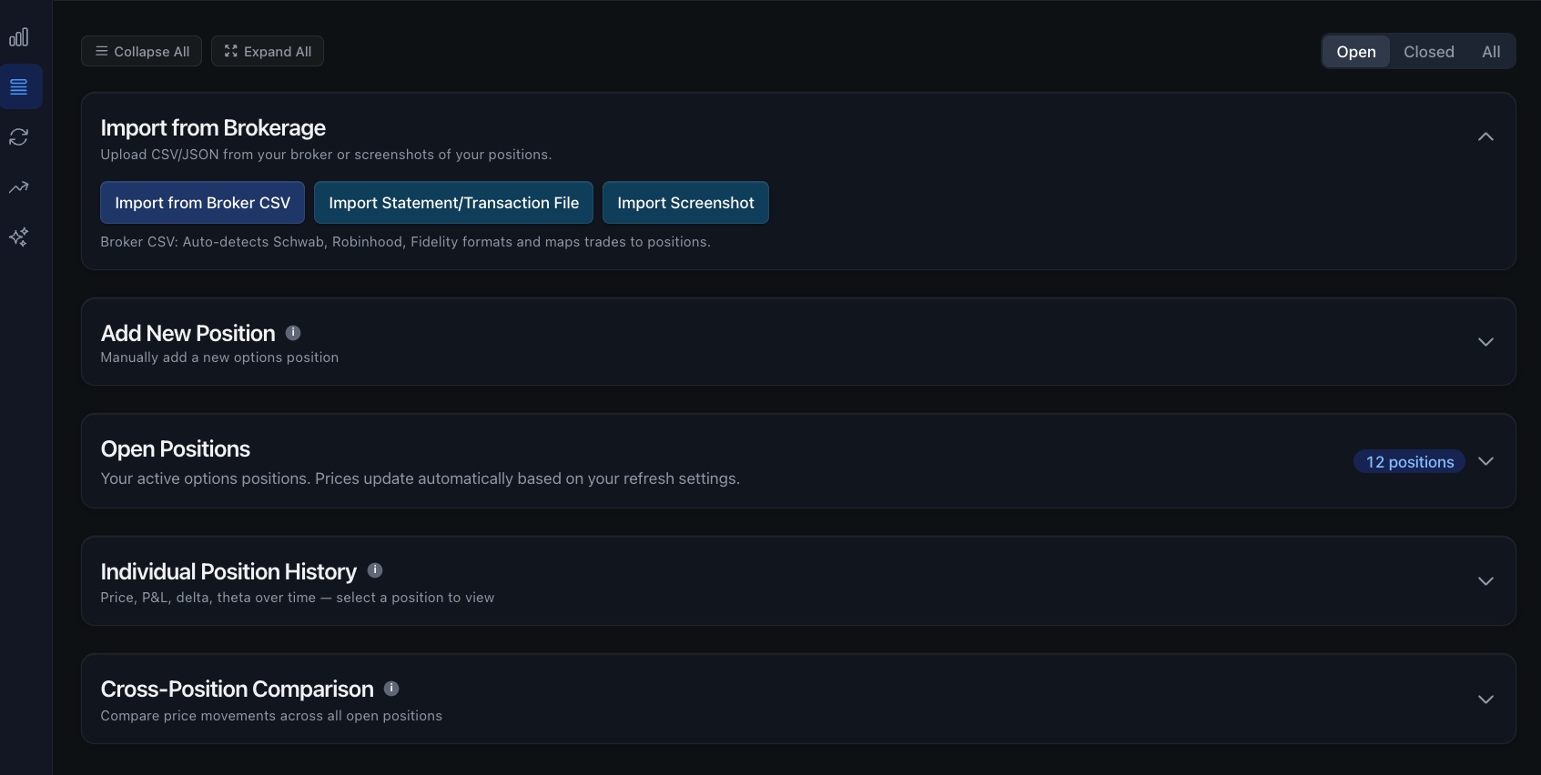 Options Tracker on mobile showing positions view